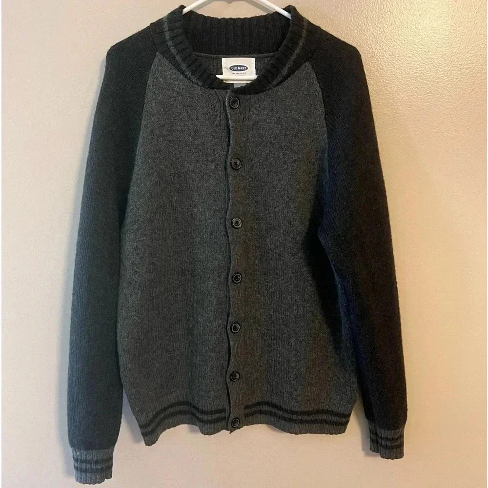 Old Navy Colorblock Cardigan Sweater Wool Blend Gray Black Baseball Large Unisex